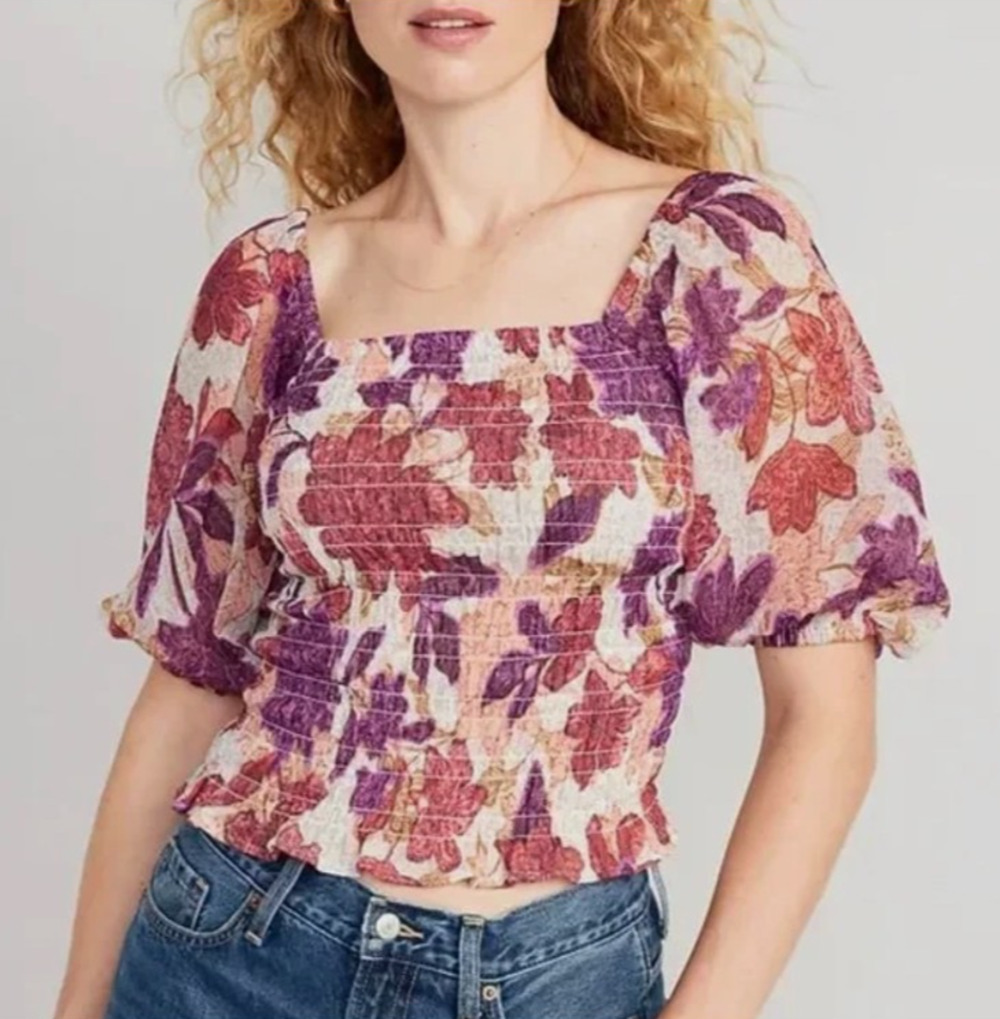 Old Navy L Floral Smocked Peasant Top Boho Square Neck Peasant Autumn Blouse NWT